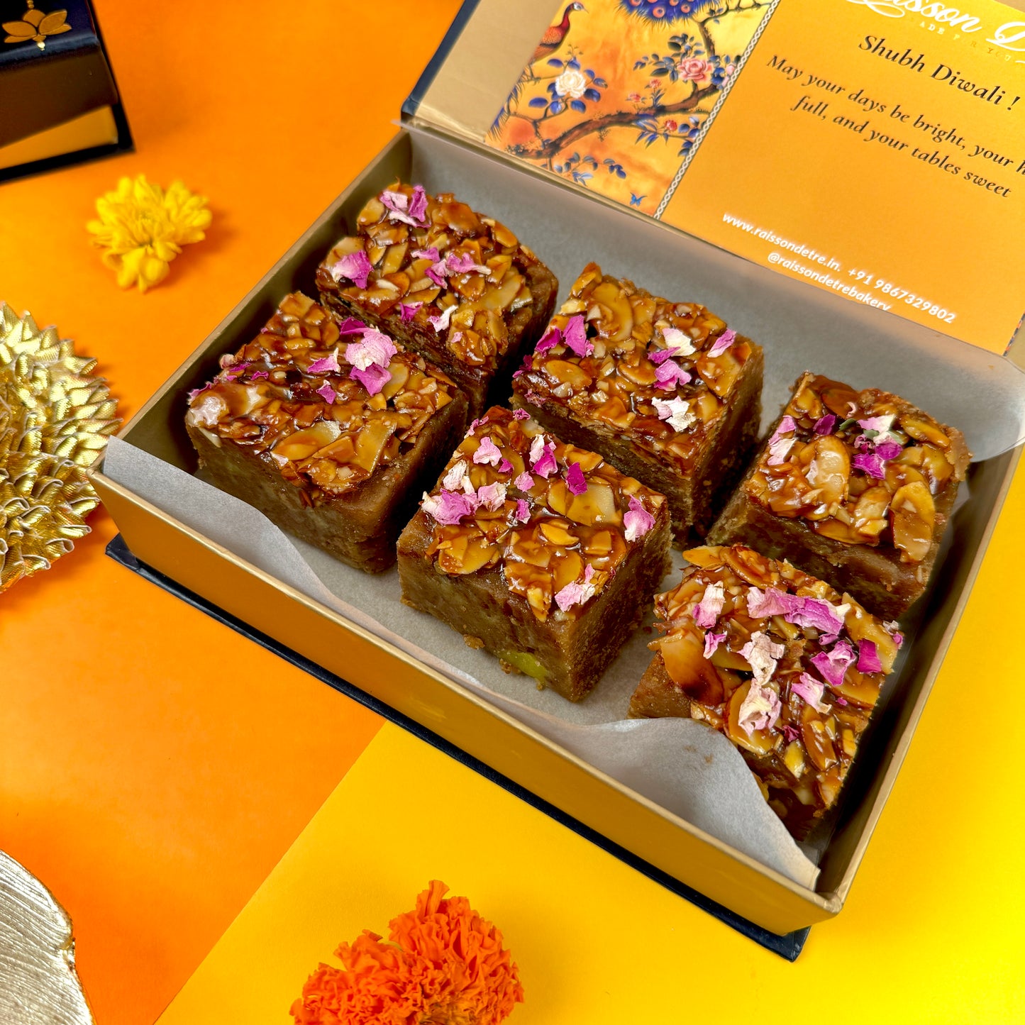 Besan mohanthal with almond rose praline