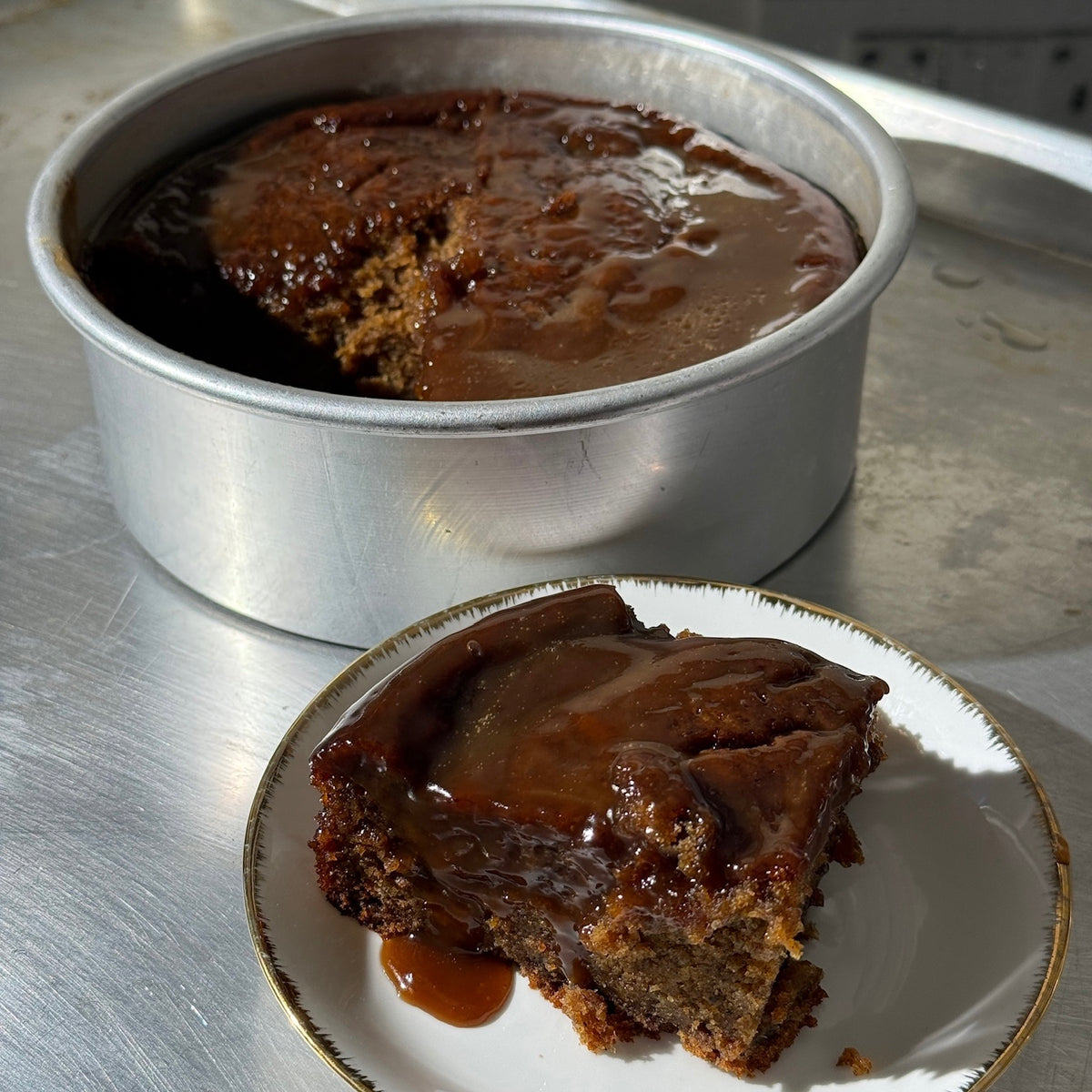Sticky toffee pudding cake slice