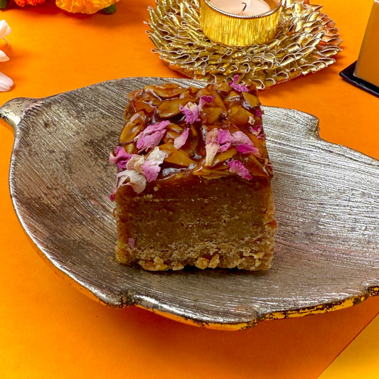 Besan mohanthal with almond rose praline